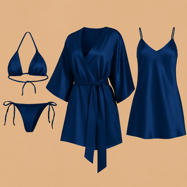 4 Pcs-style Satin Lingerie Set – Bikini, Slip Dress & Robe Combo – Free Size (dc-4001)