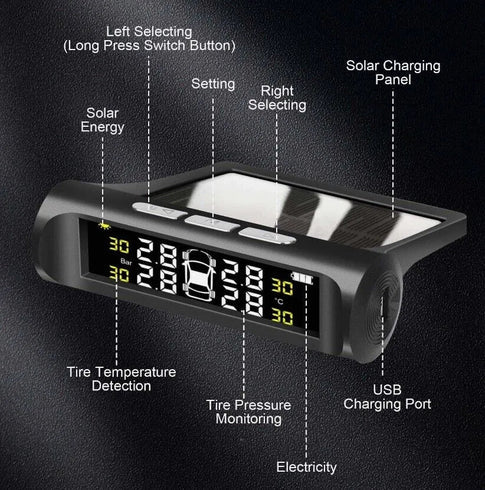 Smart Solar TPMS Car Tire Pressure Alarm Monitor System 4 Wheel External Tyre Sensor Temperature Alert