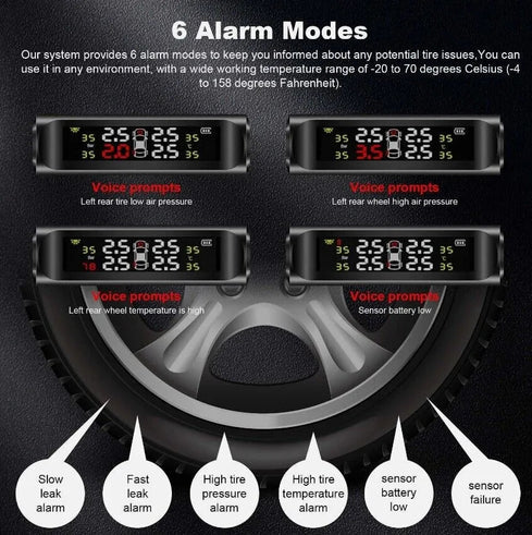 Smart Solar TPMS Car Tire Pressure Alarm Monitor System 4 Wheel External Tyre Sensor Temperature Alert