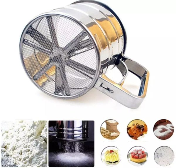Stainless Steel Flour Sifter – Double Layer Fine Mesh Baking Sieve, One-Hand Press Crank Sifter for Powdered Sugar, Cocoa & Cake Baking