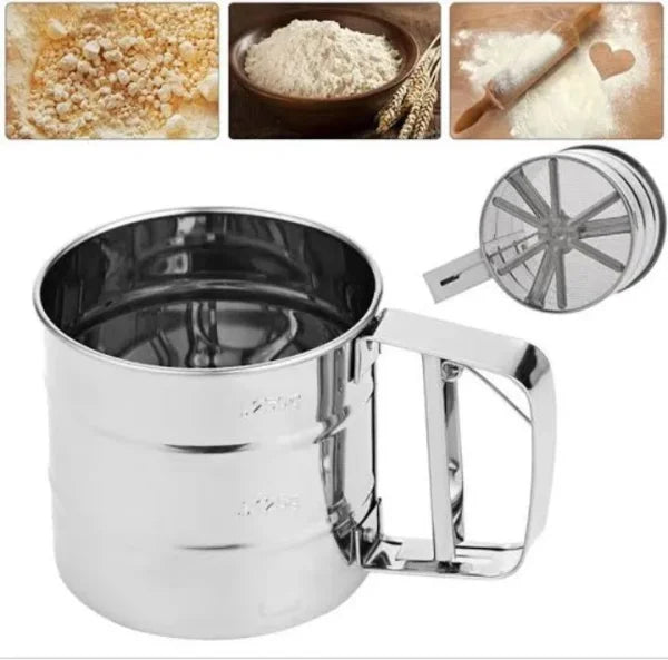 Stainless Steel Flour Sifter – Double Layer Fine Mesh Baking Sieve, One-Hand Press Crank Sifter for Powdered Sugar, Cocoa & Cake Baking