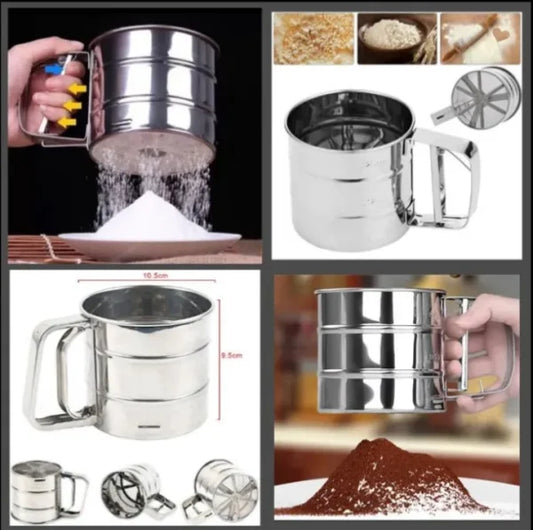Stainless Steel Flour Sifter – Double Layer Fine Mesh Baking Sieve, One-Hand Press Crank Sifter for Powdered Sugar, Cocoa & Cake Baking