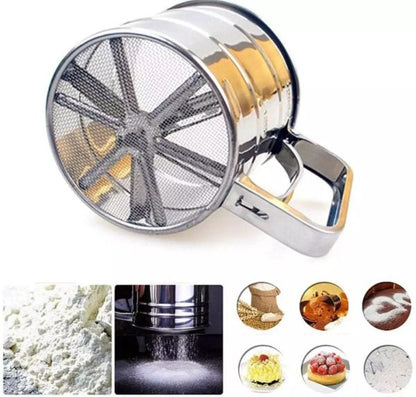 Stainless Steel Flour Sifter – Double Layer Fine Mesh Baking Sieve, One-Hand Press Crank Sifter for Powdered Sugar, Cocoa & Cake Baking