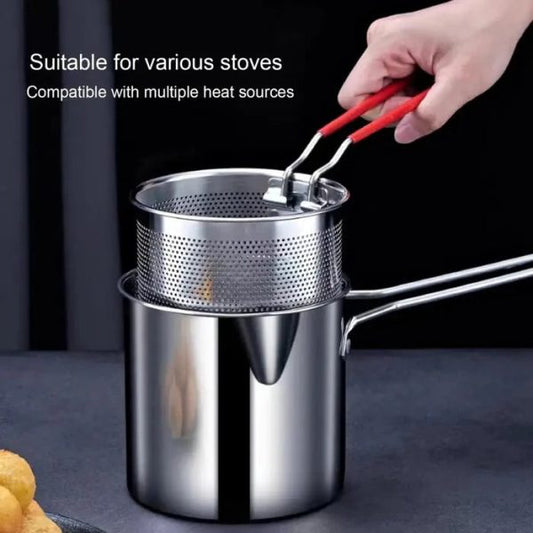 Stainless Steel Deep Fryer Pot with Strainer – Heavy-Duty Oil Frying Pan for Home Kitchen – 1200ml Capacity